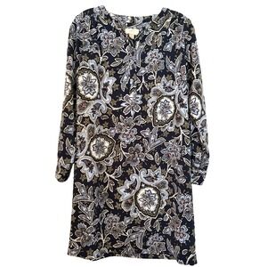 Loft dress small petite Navy Paisley Floral Shift Button down long sleeve office